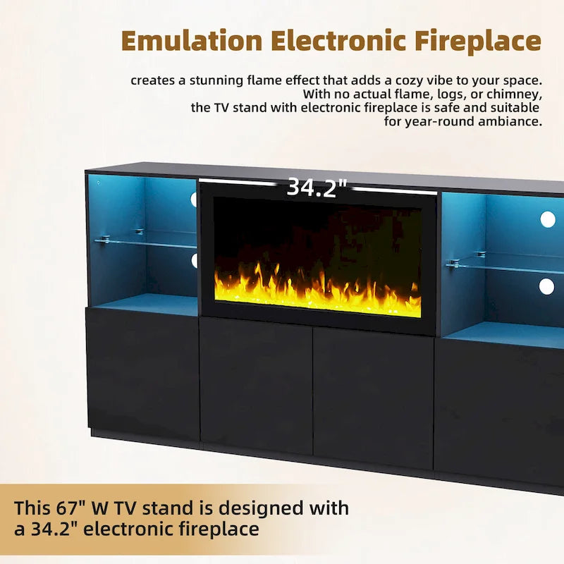 Mobile TV con caminetto elettrico non riscaldante da 34,2", Centro di intrattenimento con luce LED, Ripiani in vetro temperato per TV fino a 75"