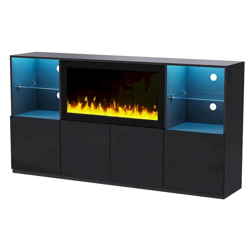 Mobile TV con caminetto elettrico non riscaldante da 34,2", Centro di intrattenimento con luce LED, Ripiani in vetro temperato per TV fino a 75"