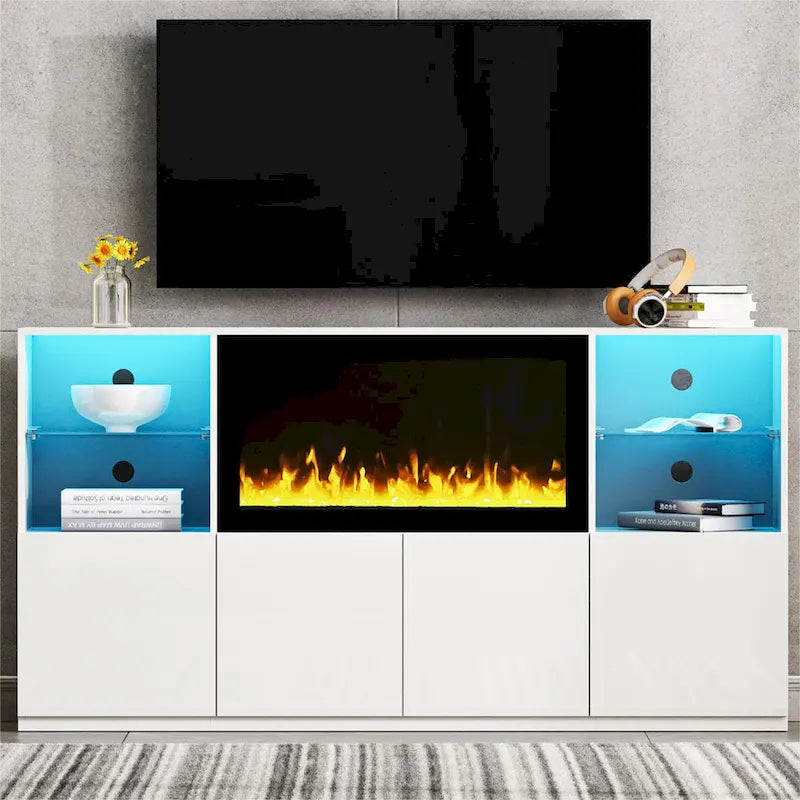 Mobile TV con caminetto elettrico non riscaldante da 34,2", Centro di intrattenimento con luce LED, Ripiani in vetro temperato per TV fino a 75"