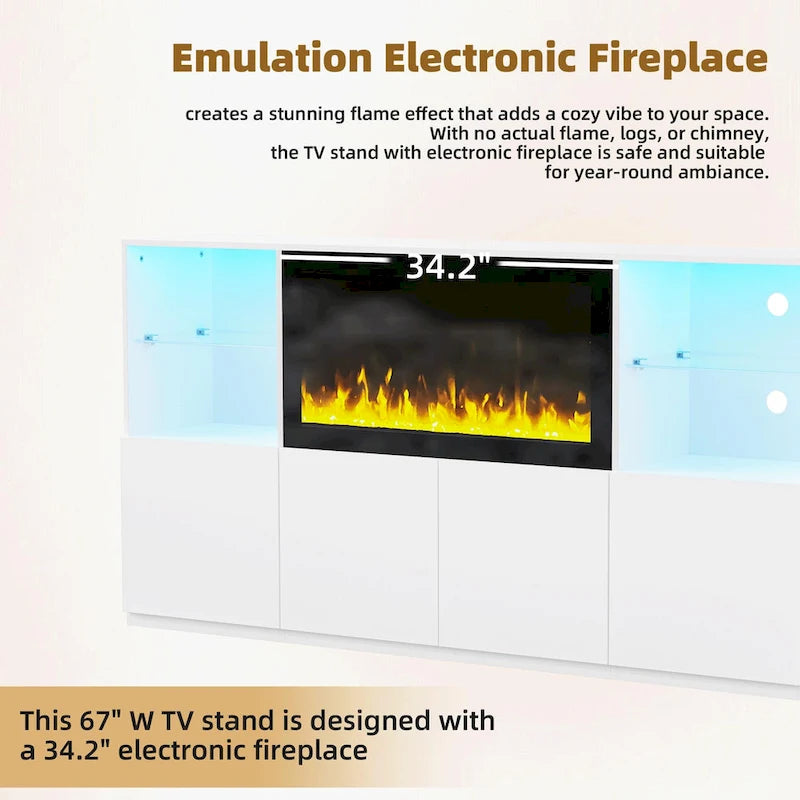 Mobile TV con caminetto elettrico non riscaldante da 34,2", Centro di intrattenimento con luce LED, Ripiani in vetro temperato per TV fino a 75"