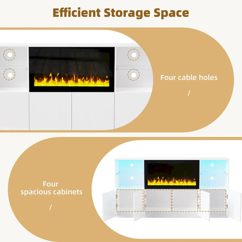 Mobile TV con caminetto elettrico non riscaldante da 34,2", Centro di intrattenimento con luce LED, Ripiani in vetro temperato per TV fino a 75"
