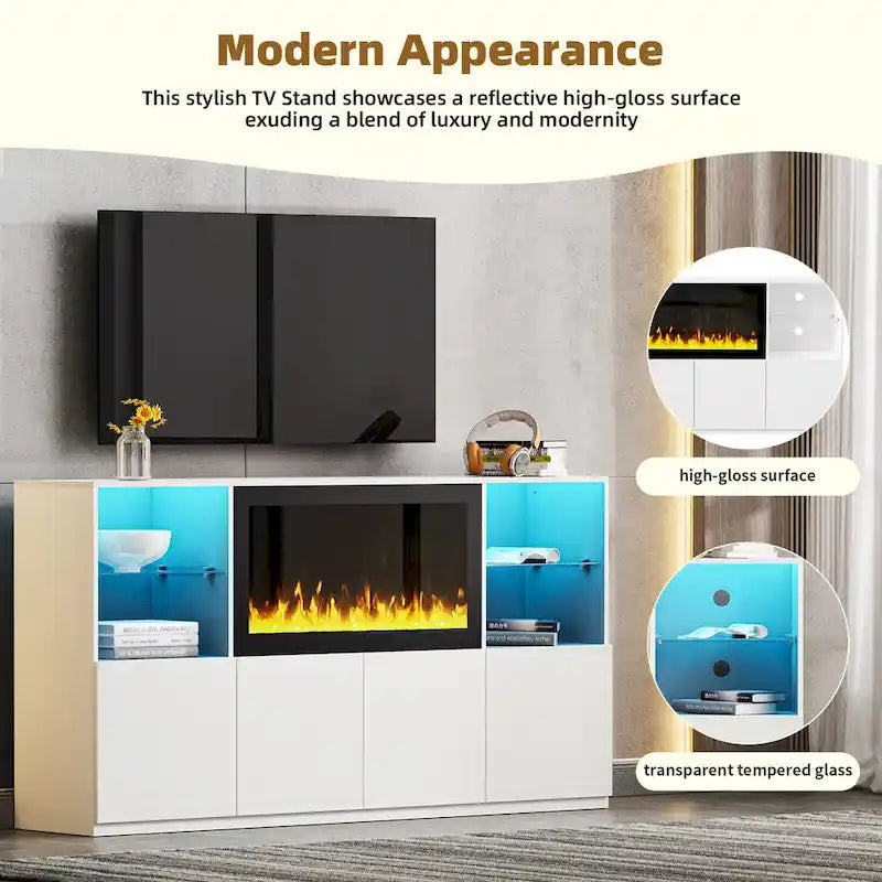 Mobile TV con caminetto elettrico non riscaldante da 34,2", Centro di intrattenimento con luce LED, Ripiani in vetro temperato per TV fino a 75"