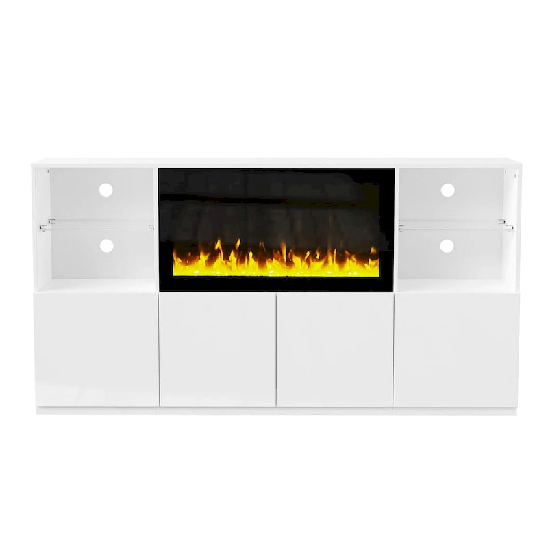 Mobile TV con caminetto elettrico non riscaldante da 34,2", Centro di intrattenimento con luce LED, Ripiani in vetro temperato per TV fino a 75"