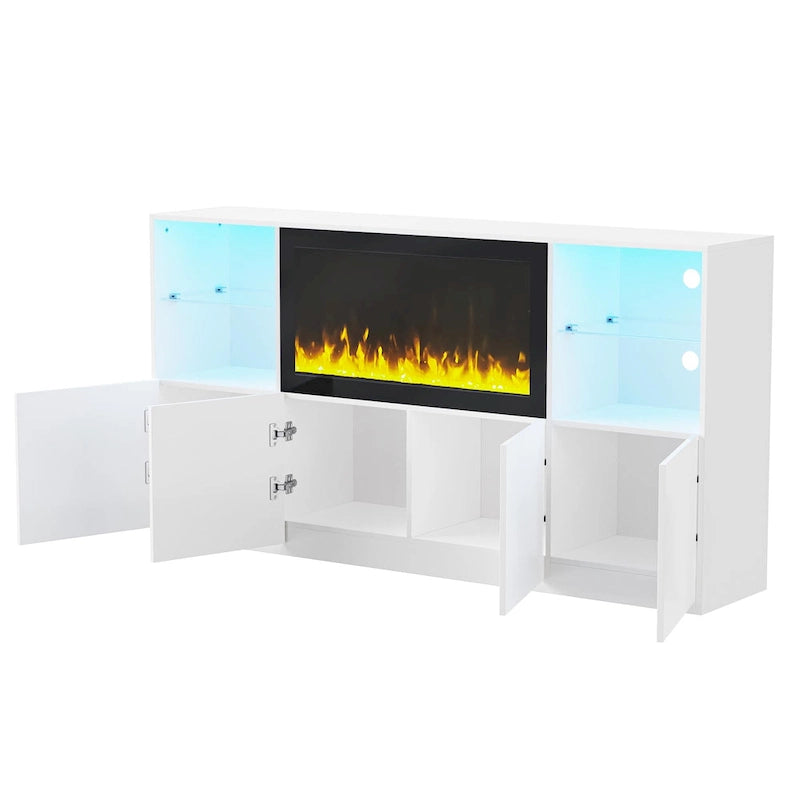 Mobile TV con caminetto elettrico non riscaldante da 34,2", Centro di intrattenimento con luce LED, Ripiani in vetro temperato per TV fino a 75"