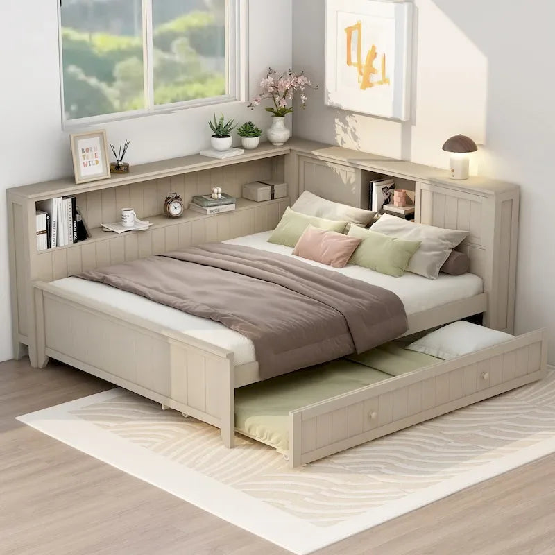 Divano Letto in Legno Matrimoniale con Letto Estraibile e Ripiani Portaoggetti - Alternativa al Divano Letto Trasformabile - Ottimo per Piccoli Spazi