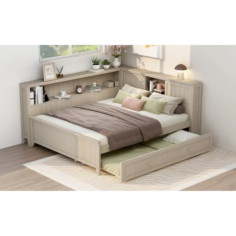 Divano Letto in Legno Matrimoniale con Letto Estraibile e Ripiani Portaoggetti - Alternativa al Divano Letto Trasformabile - Ottimo per Piccoli Spazi