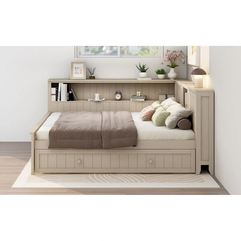 Divano Letto in Legno Matrimoniale con Letto Estraibile e Ripiani Portaoggetti - Alternativa al Divano Letto Trasformabile - Ottimo per Piccoli Spazi