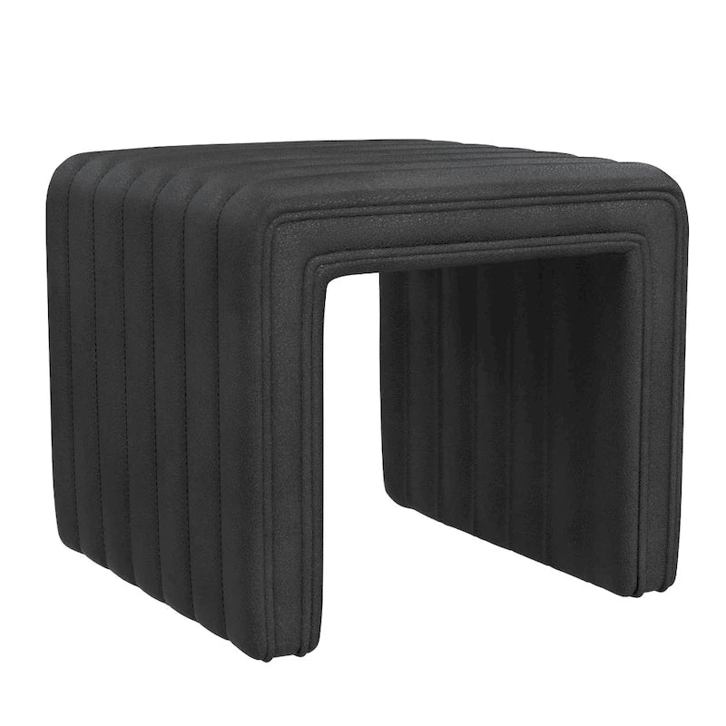 Pouf ottomano, trapuntato a canali, in similpelle nera, 48 cm