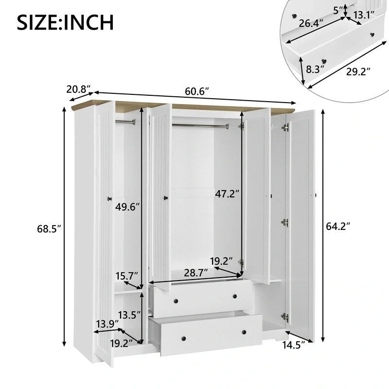 Armadio a quattro ante con due cassetti - 60,6L x 20,8P x 68,5A