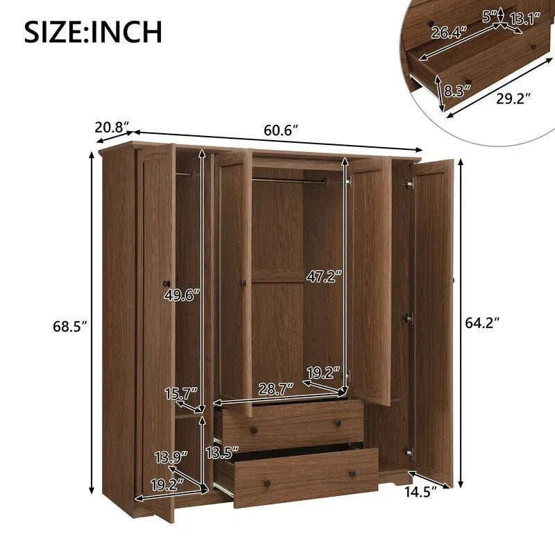 Armadio a quattro ante con due cassetti - 60,6L x 20,8P x 68,5A