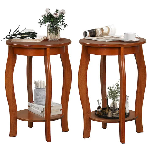  2-Tier Round End Table Set of 2 Narrow Sofa Side Nightstand w/