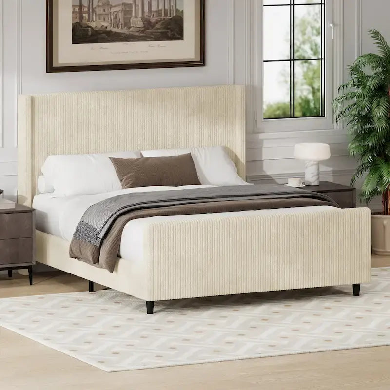 Letto imbottito in velluto a coste con testiera ad alette a righe verticali, pediera, letto a piattaforma a basso profilo, letto a pannello a slitta