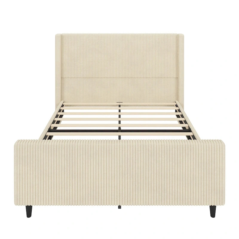 Letto imbottito in velluto a coste con testiera ad alette a righe verticali, pediera, letto a piattaforma a basso profilo, letto a pannello a slitta