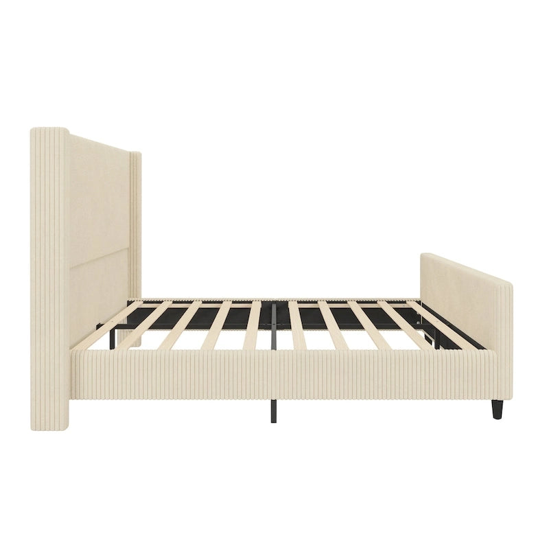 Letto imbottito in velluto a coste con testiera ad alette a righe verticali, pediera, letto a piattaforma a basso profilo, letto a pannello a slitta