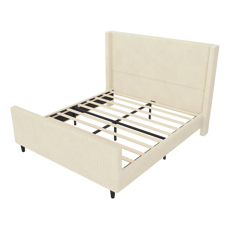 Letto imbottito in velluto a coste con testiera ad alette a righe verticali, pediera, letto a piattaforma a basso profilo, letto a pannello a slitta