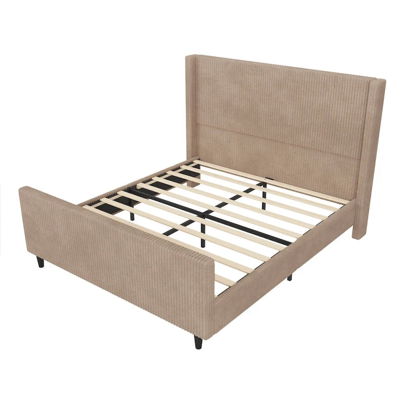 Letto imbottito in velluto a coste con testiera ad alette a righe verticali, pediera, letto a piattaforma a basso profilo, letto a pannello a slitta