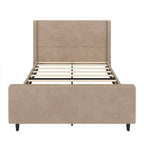 Letto imbottito in velluto a coste con testiera ad alette a righe verticali, pediera, letto a piattaforma a basso profilo, letto a pannello a slitta