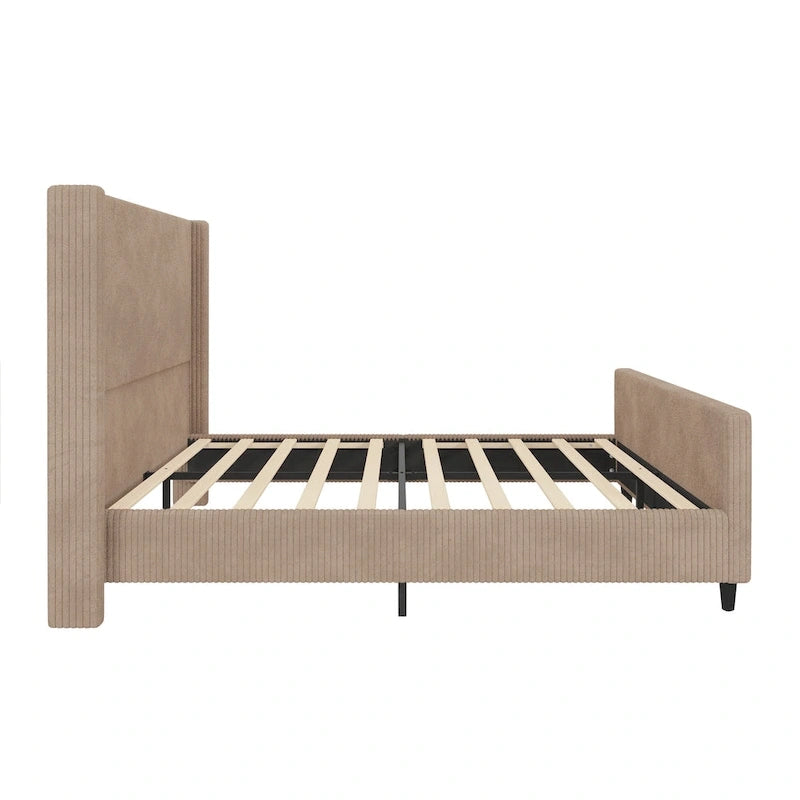 Letto imbottito in velluto a coste con testiera ad alette a righe verticali, pediera, letto a piattaforma a basso profilo, letto a pannello a slitta