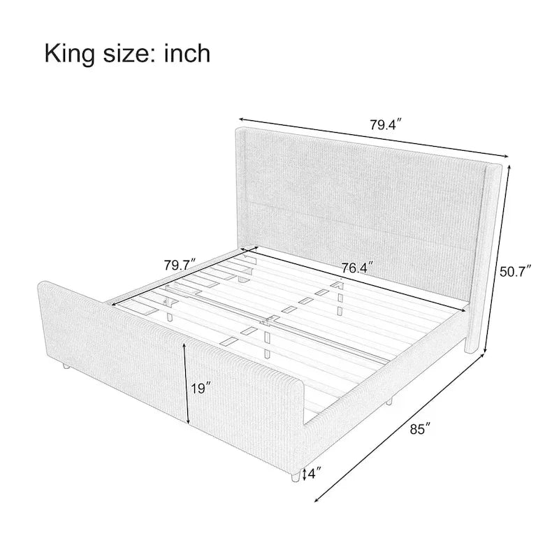 Letto imbottito in velluto a coste con testiera ad alette a righe verticali, pediera, letto a piattaforma a basso profilo, letto a pannello a slitta