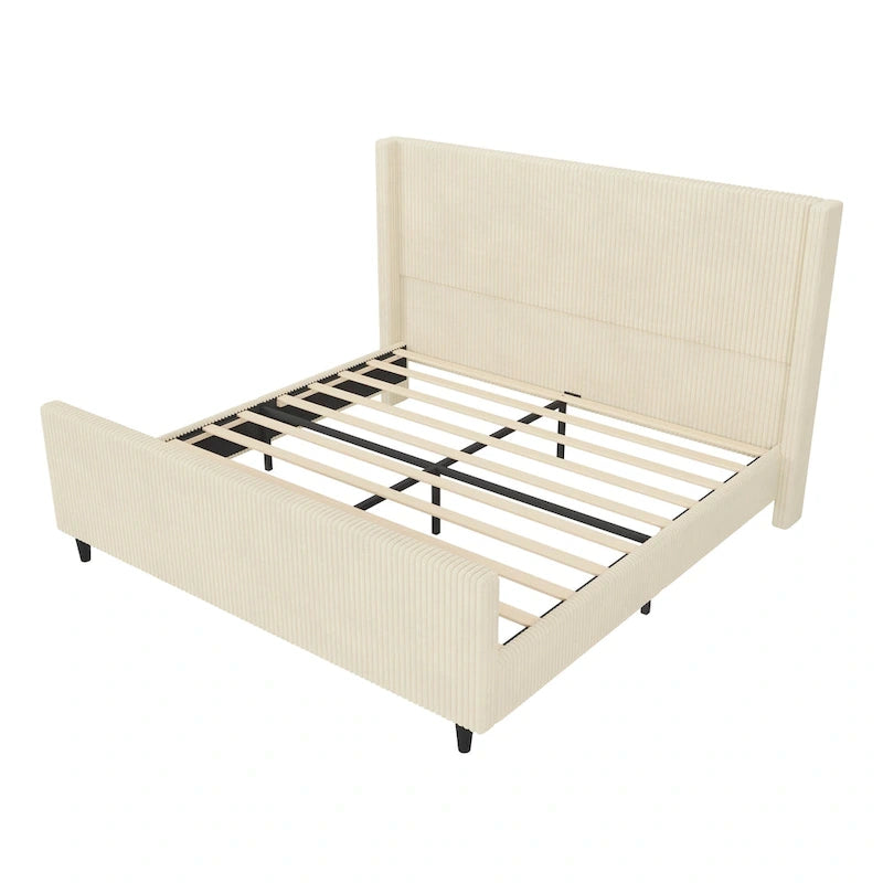 Letto imbottito in velluto a coste con testiera ad alette a righe verticali, pediera, letto a piattaforma a basso profilo, letto a pannello a slitta
