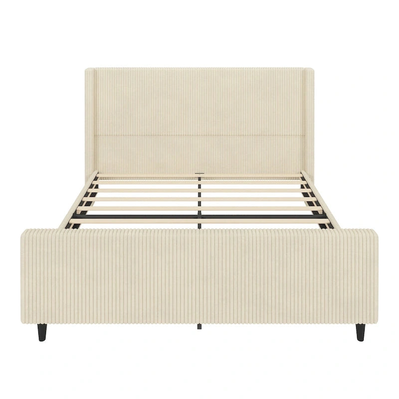 Letto imbottito in velluto a coste con testiera ad alette a righe verticali, pediera, letto a piattaforma a basso profilo, letto a pannello a slitta