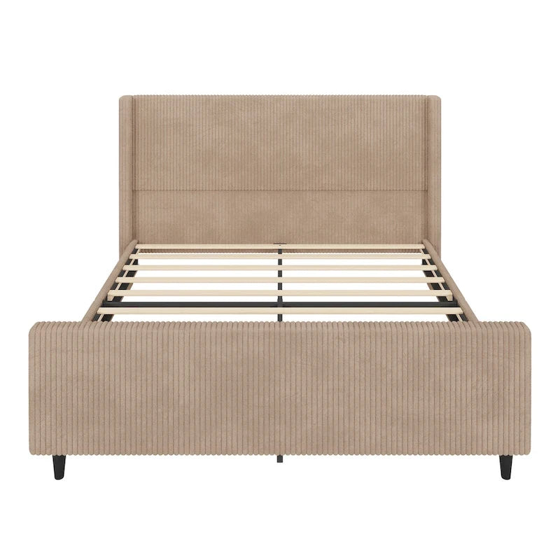 Letto imbottito in velluto a coste con testiera ad alette a righe verticali, pediera, letto a piattaforma a basso profilo, letto a pannello a slitta