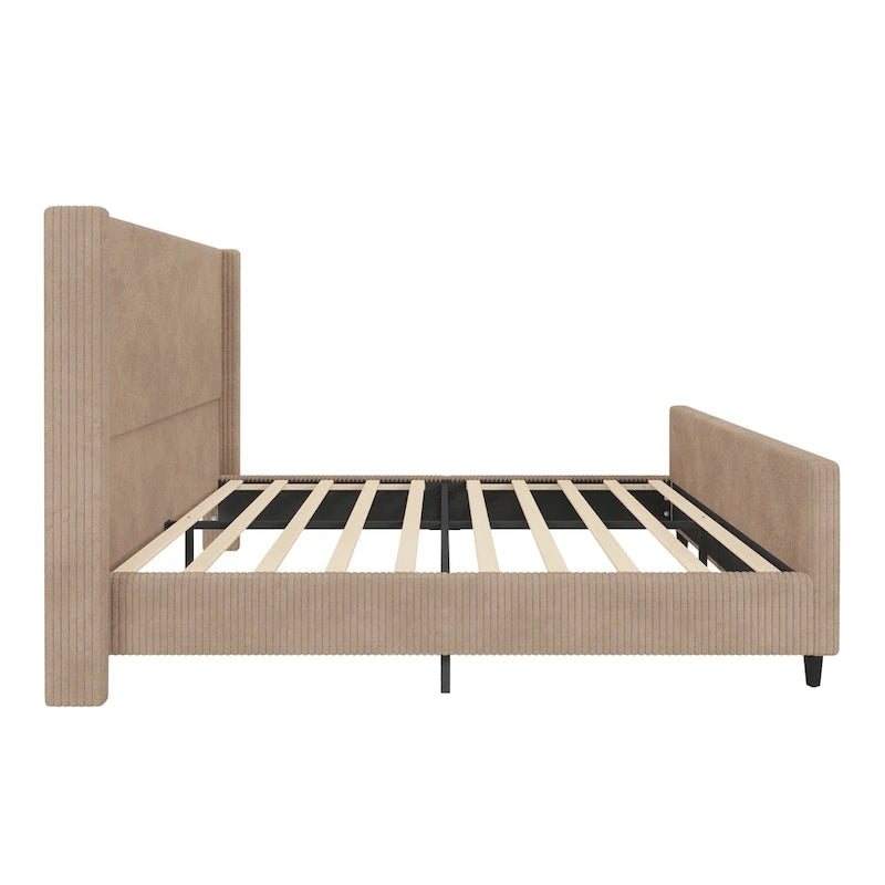 Letto imbottito in velluto a coste con testiera ad alette a righe verticali, pediera, letto a piattaforma a basso profilo, letto a pannello a slitta