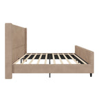 Letto imbottito in velluto a coste con testiera ad alette a righe verticali, pediera, letto a piattaforma a basso profilo, letto a pannello a slitta