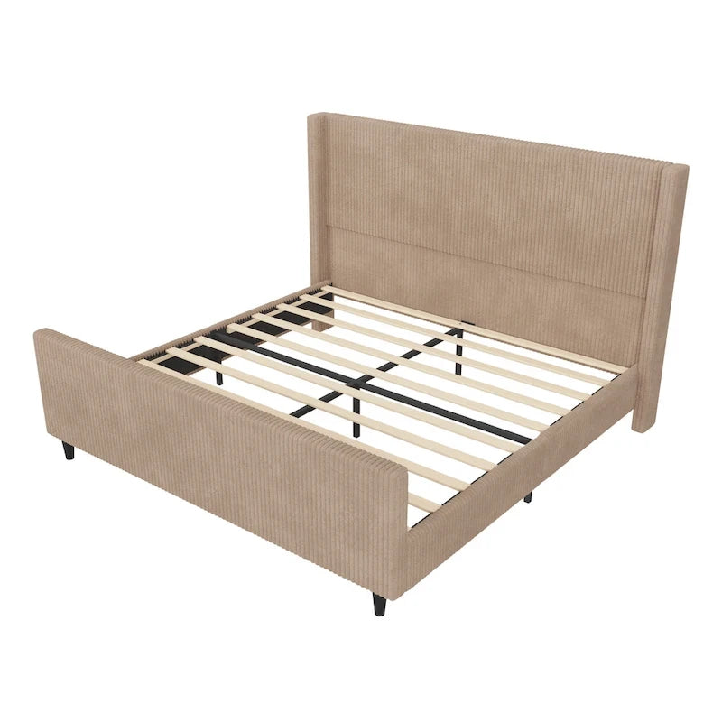 Letto imbottito in velluto a coste con testiera ad alette a righe verticali, pediera, letto a piattaforma a basso profilo, letto a pannello a slitta