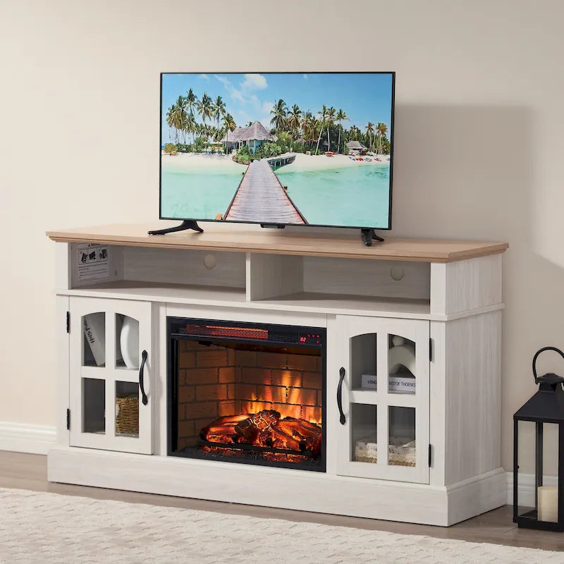 Moderno supporto TV semplice con 2 mobili contenitori e camino elettrico per soggiorno, home theater e camera da letto
