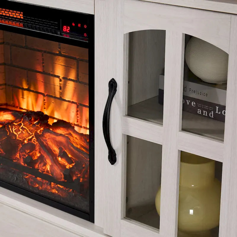 Moderno supporto TV semplice con 2 mobili contenitori e camino elettrico per soggiorno, home theater e camera da letto