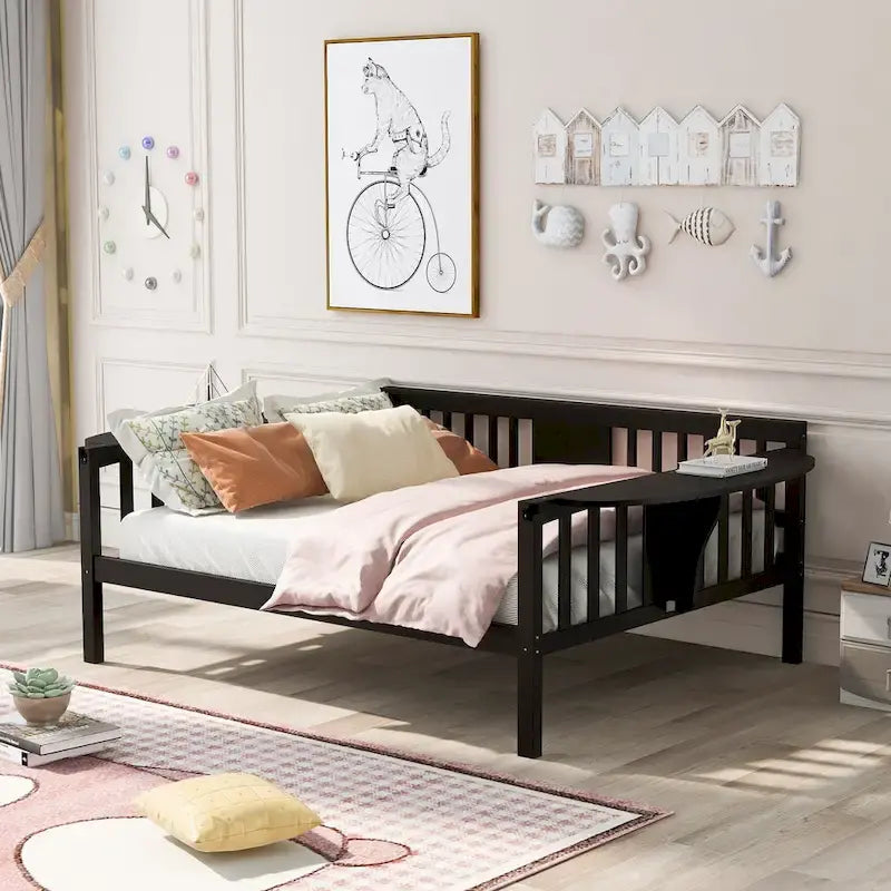 Divano letto singolo nero in legno con scaffale e ringhiera - Nessuna rete a molle richiesta