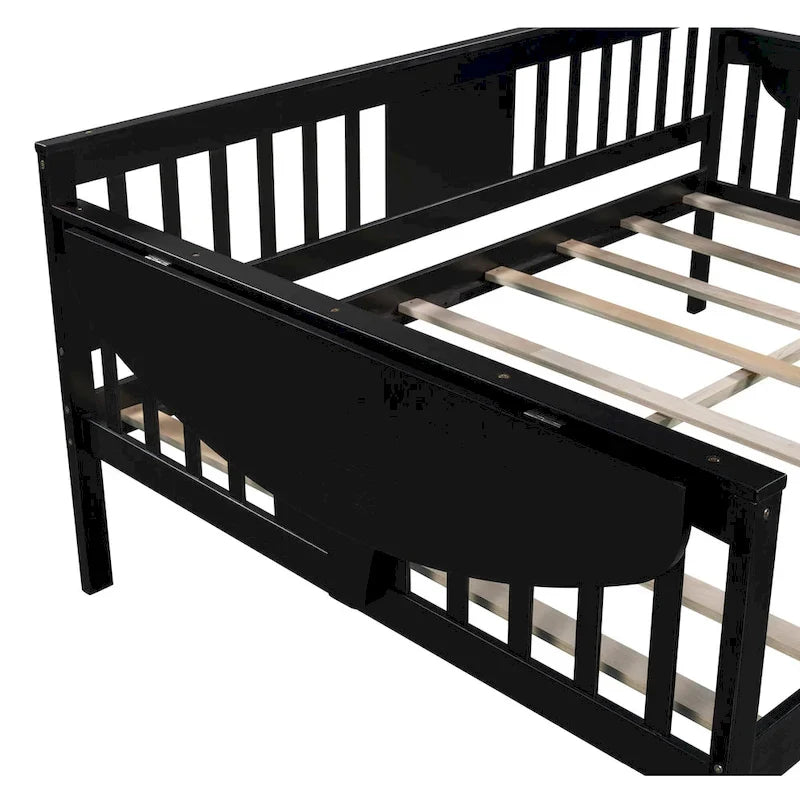 Divano letto singolo nero in legno con scaffale e ringhiera - Nessuna rete a molle richiesta