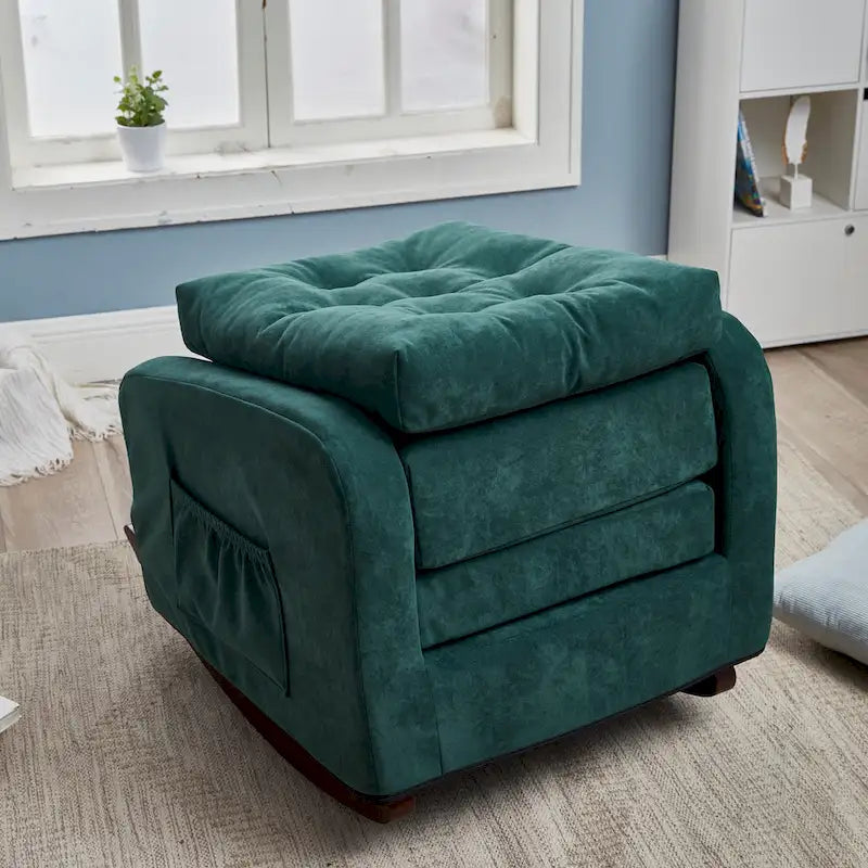 Sedia a dondolo moderna con schienale alto da 73 cm, rivestita con bottoni trapuntati, gambe in legno massello e tasca laterale
