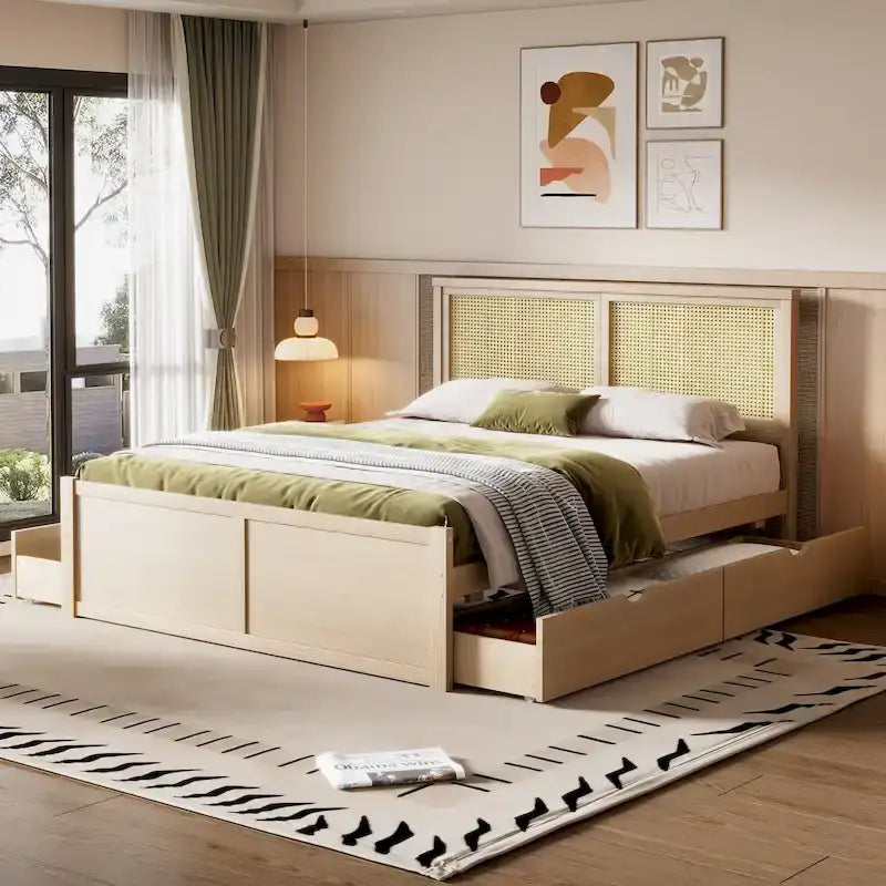 Letto con piattaforma contenitore in legno con 4 cassetti e testiera in rattan