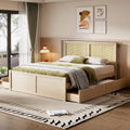 Letto con piattaforma contenitore in legno con 4 cassetti e testiera in rattan