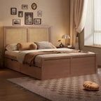 Letto con piattaforma contenitore in legno con 4 cassetti e testiera in rattan