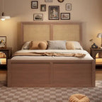 Letto con piattaforma contenitore in legno con 4 cassetti e testiera in rattan