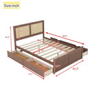 Letto con piattaforma contenitore in legno con 4 cassetti e testiera in rattan