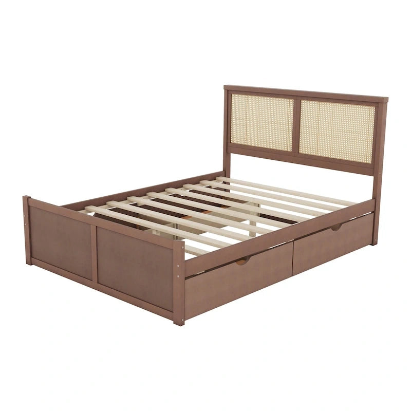 Letto con piattaforma contenitore in legno con 4 cassetti e testiera in rattan