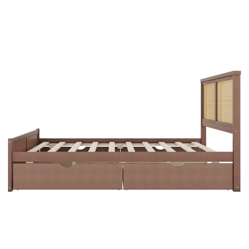 Letto con piattaforma contenitore in legno con 4 cassetti e testiera in rattan