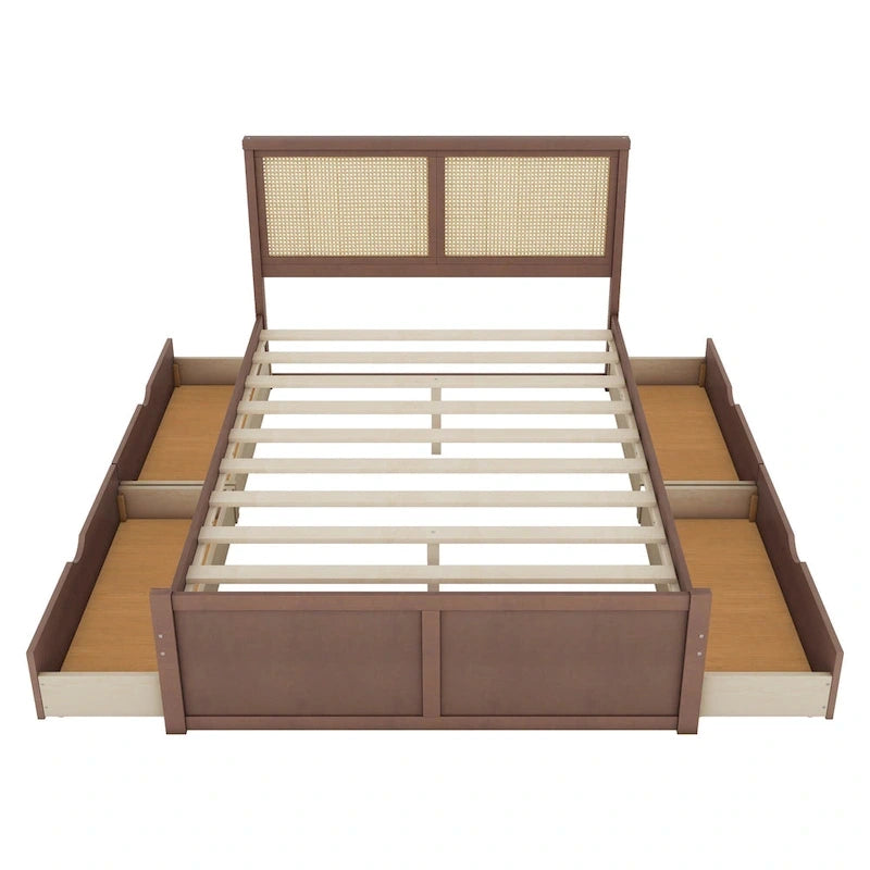 Letto con piattaforma contenitore in legno con 4 cassetti e testiera in rattan