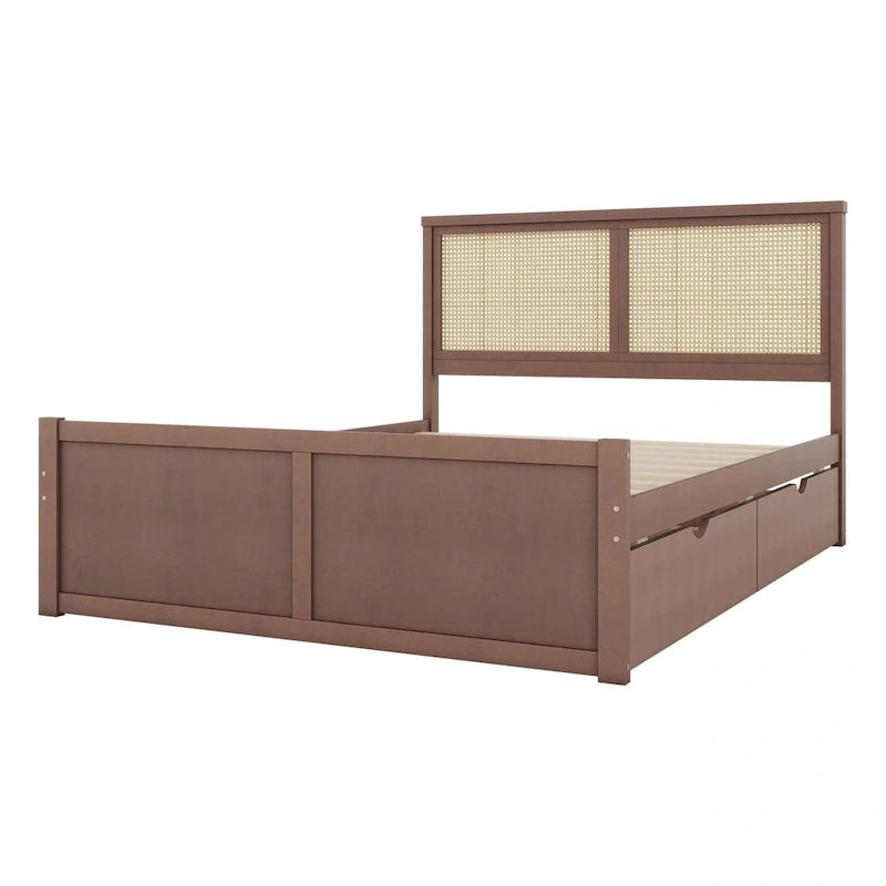 Letto con piattaforma contenitore in legno con 4 cassetti e testiera in rattan
