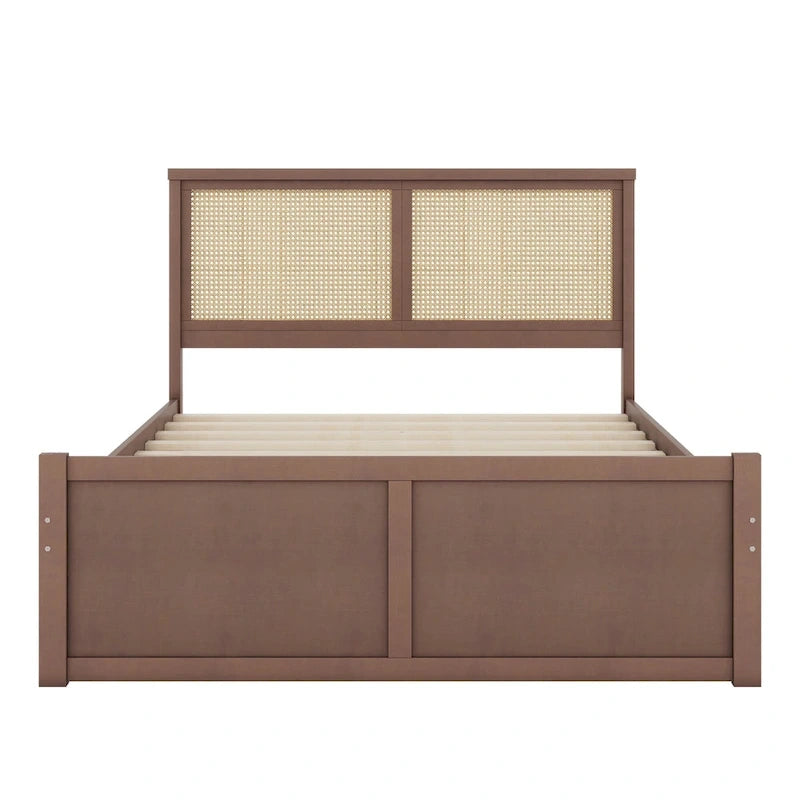 Letto con piattaforma contenitore in legno con 4 cassetti e testiera in rattan