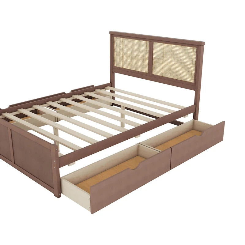 Letto con piattaforma contenitore in legno con 4 cassetti e testiera in rattan