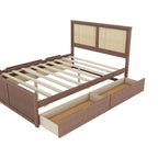 Letto con piattaforma contenitore in legno con 4 cassetti e testiera in rattan