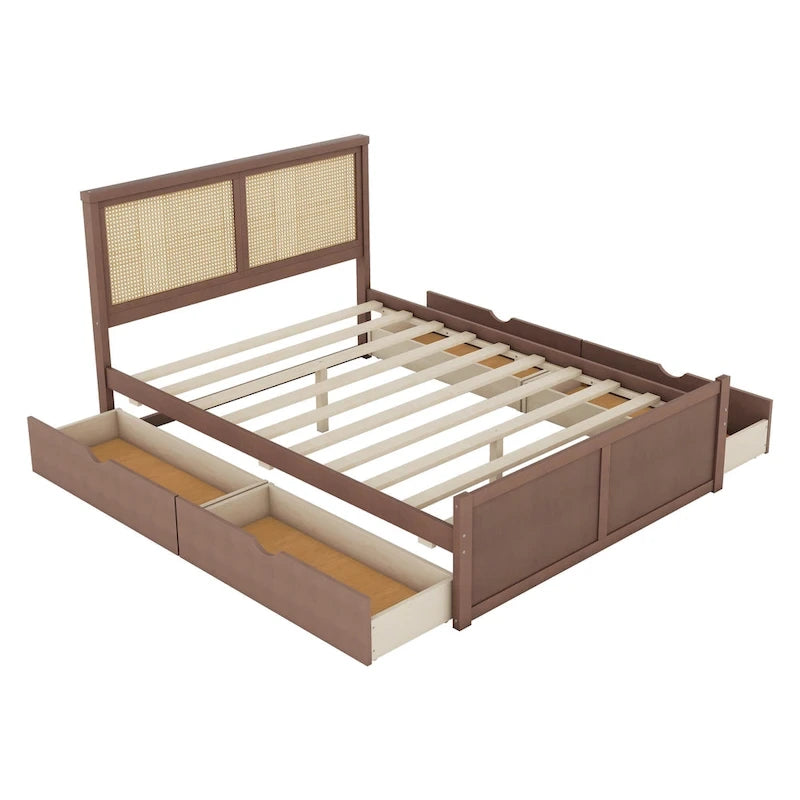 Letto con piattaforma contenitore in legno con 4 cassetti e testiera in rattan