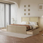 Letto con piattaforma contenitore in legno con 4 cassetti e testiera in rattan