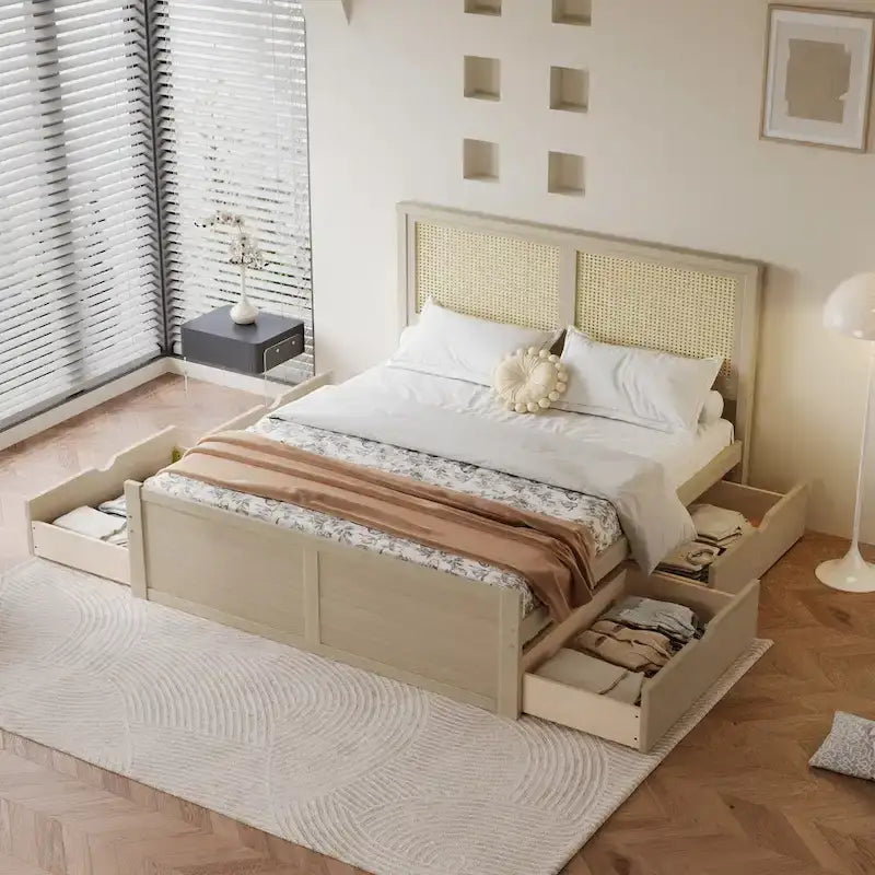 Letto con piattaforma contenitore in legno con 4 cassetti e testiera in rattan