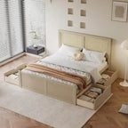 Letto con piattaforma contenitore in legno con 4 cassetti e testiera in rattan